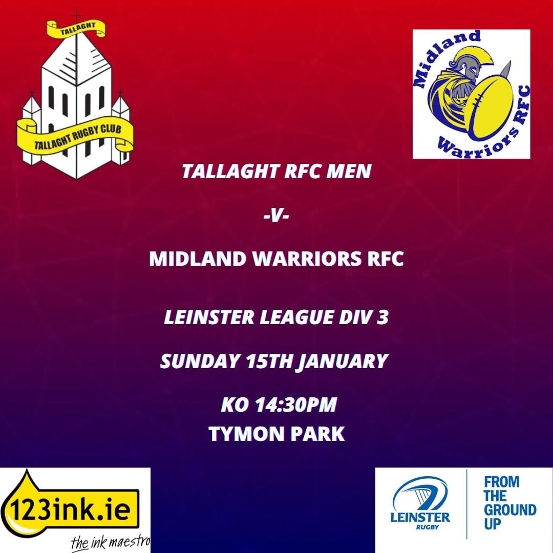 Fresh from their win last week our Senior Men kick off the second of our games this Super Sunday as they take on <a href="/MidlandWarrior/">Midland Warriors RFC</a> in Tymon Park. A double header not to be missed!! LETS GO TALLAGHT! With thanks to our sponsors <a href="/123ink_ie/">123ink.ie</a>
#leinsterrugby #fromthegroundup