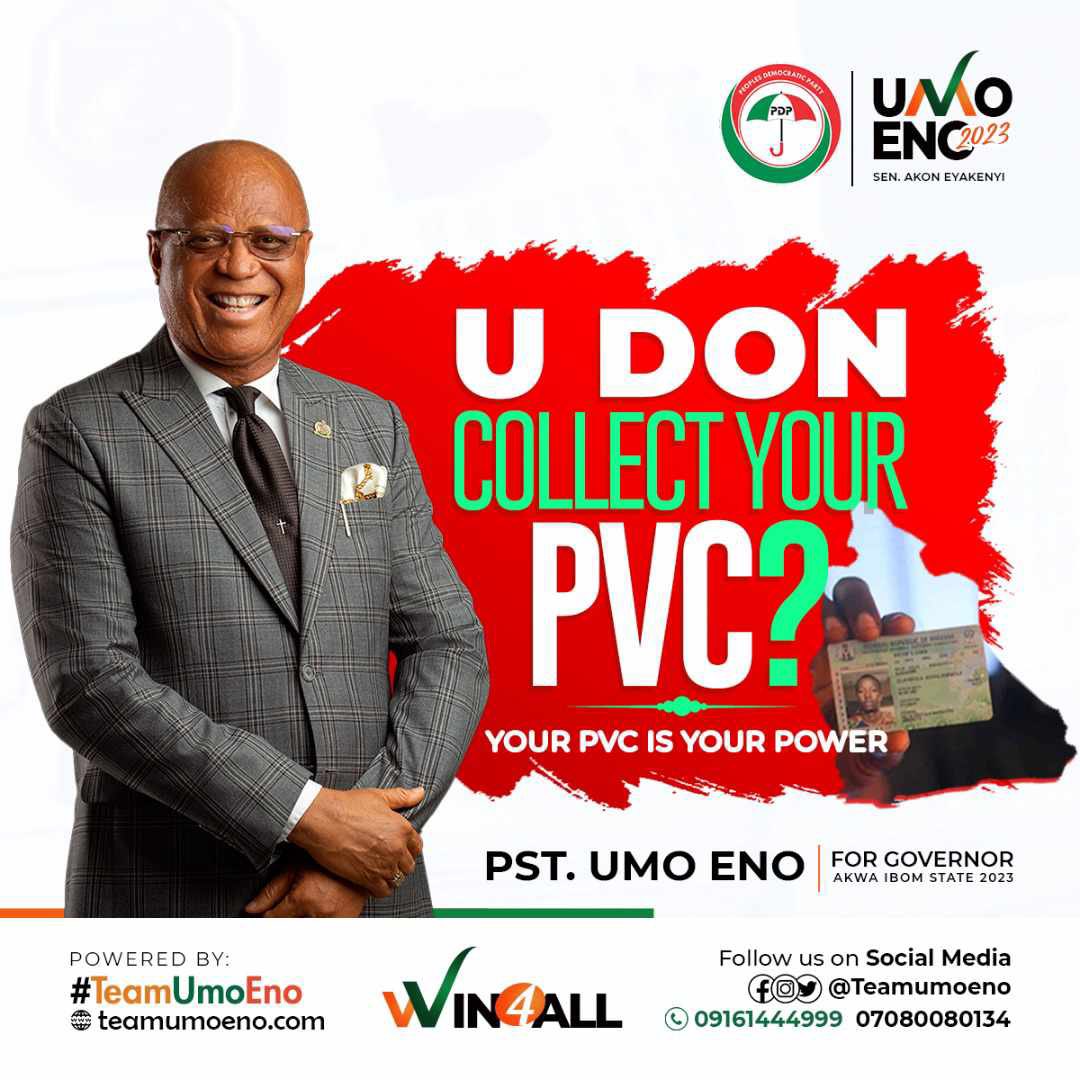 THIS IS A CALL TO ACTION!!! 

GO COLLECT YOUR PVC!!

LET’S ARISE AND VOTE UMO ENO & AKON EYAKENYI FOR GOVERNOR & DEPUTY GOVERNOR AKWA IBOM STATE 2023. 

LET’S VOTE PDP!!! 

#umoeno2023 
#teamumoeno2023
#UmoEnoGovernor2023
#AkwaIbomIsPDP 
#UmoEnoLive
#umotivated