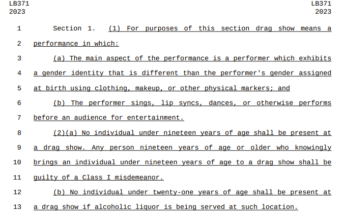 ErinInTheMorn's tweet image. Nebraska comes out with its first anti-trans bill and its a doozy.

It is a drag ban that targets trans people. People under 21 years old can't see drag. It defines drag as trans people performing.

It would charge trans people with misdemeanors.

What on EARTH?