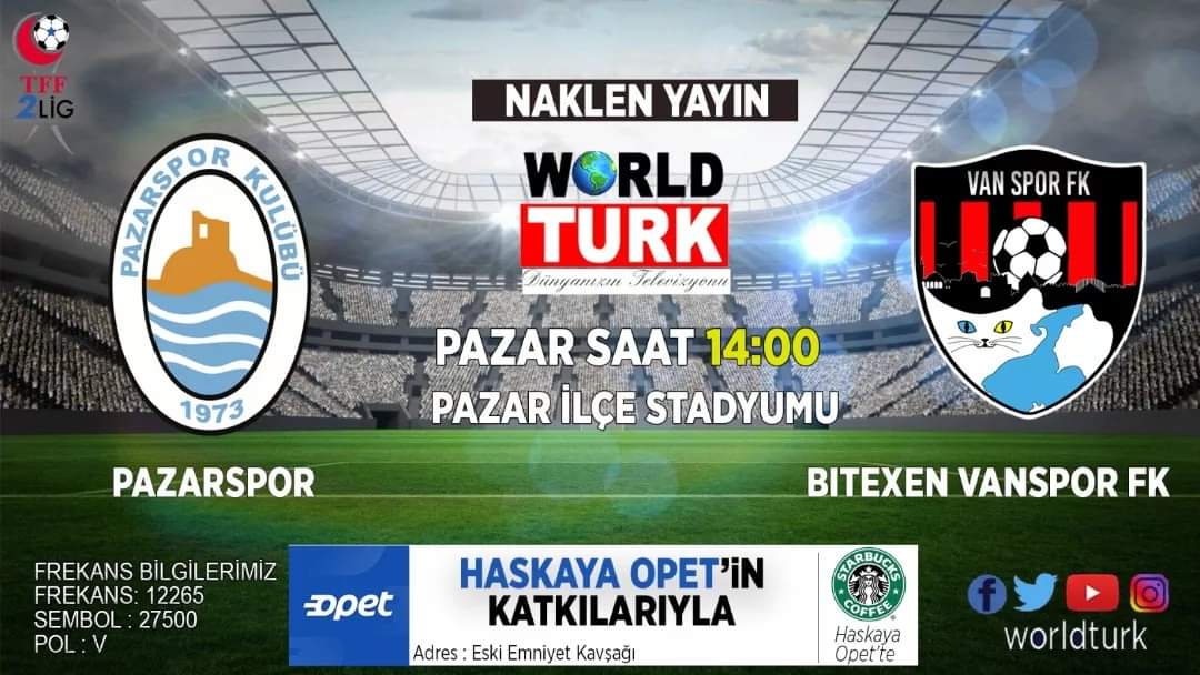 ANADOLU'NUN SPOR EKRANI W🌍RLD TURK
🎥 #NAKLENYAYIN  TFF 2.LİG 
#Rize #Pazarspor 🆚️ @vansporfk
🗓 15 Ocak Pazar ⏰ 14:00
🏟️ #Pazar İlçe Stadyumu
🌐 YAYIN
📡#Türksat4A (F:12265, S:27500, V)
👉  worldturk.com.tr
📡Dünyanızın Televizyonu W🌍RLD TURK
@tvdespor77 @SporAkisi