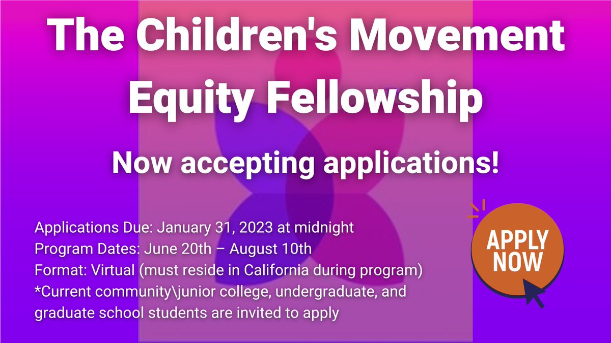 🌟 Are you a #student and interested in #publicpolicy? If so, we'd love to hear from you!

🌟 Learn more and apply ➡ childrennow.org/portfolio-post…

🌟 Applications are due Jan 31st at midnight!

#ProKidCA #Equity #Advocacy #Communications #NonProfitOpportunities #TheChildrensMovement