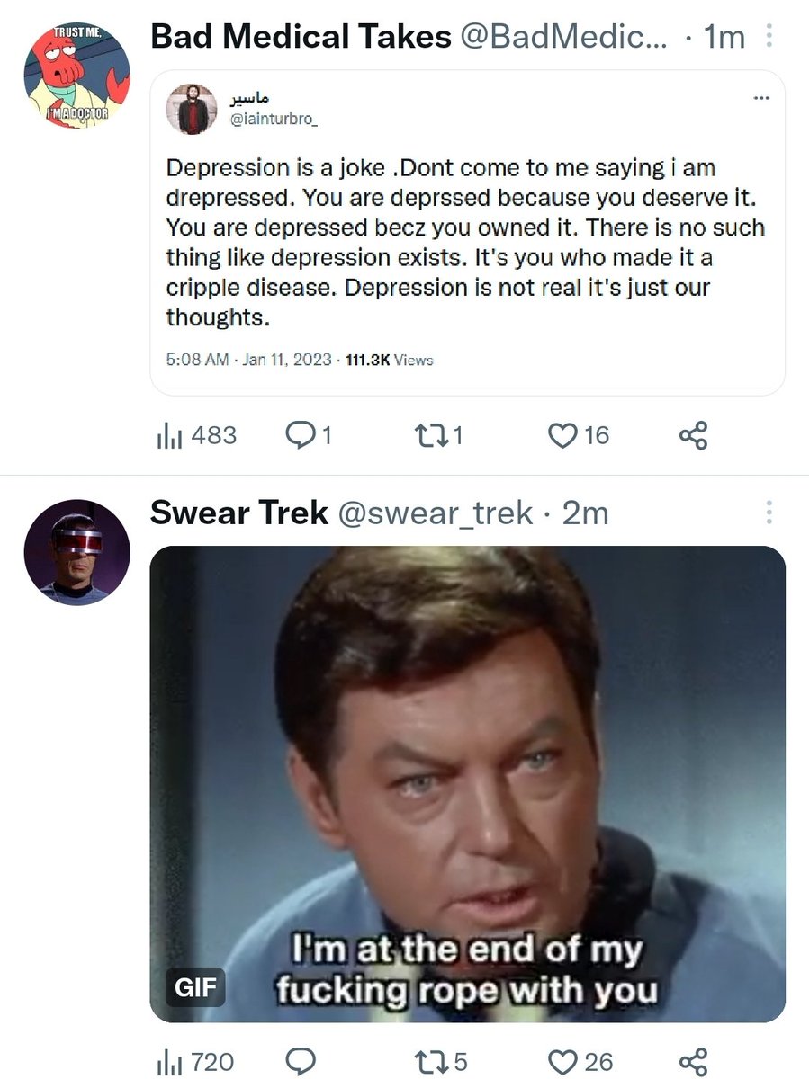 LograyX's tweet photo. @BadMedicalTakes Gotta love when @swear_trek chimes in. https://t.co/T39D1gt3NM
