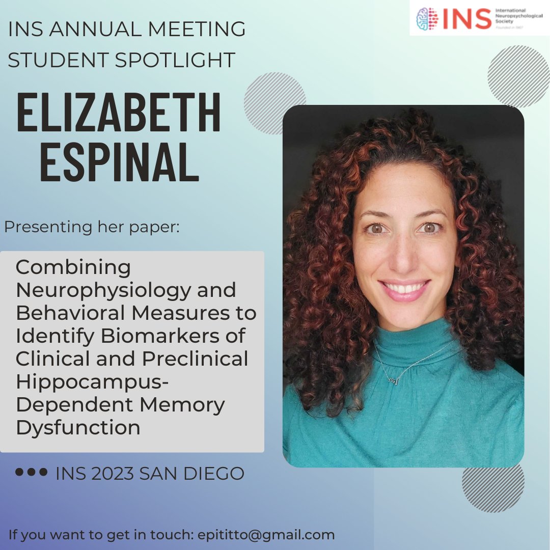 ins_slc's tweet photo. Meet #INSstudentspotlight Elizabeth! @eespinal_npsych is a 3rd year at @DrexelUniv - you don't want to miss her talk at #INS2023inSanDiego! https://t.co/L6m0oceLRD