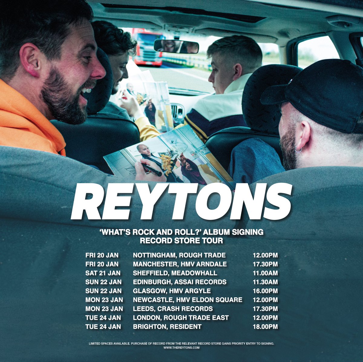 TheReytons's tweet photo. INSTORE SIGNINGS!!

Next week we’ll be hitting the road, heading up and down the country to meet you all in celebration of our brand new album ‘What’s Rock And Roll?’ Only limited places available, head to the link on our website to secure your spot!! See you there!! #AllReytons https://t.co/8PavqtTMUI