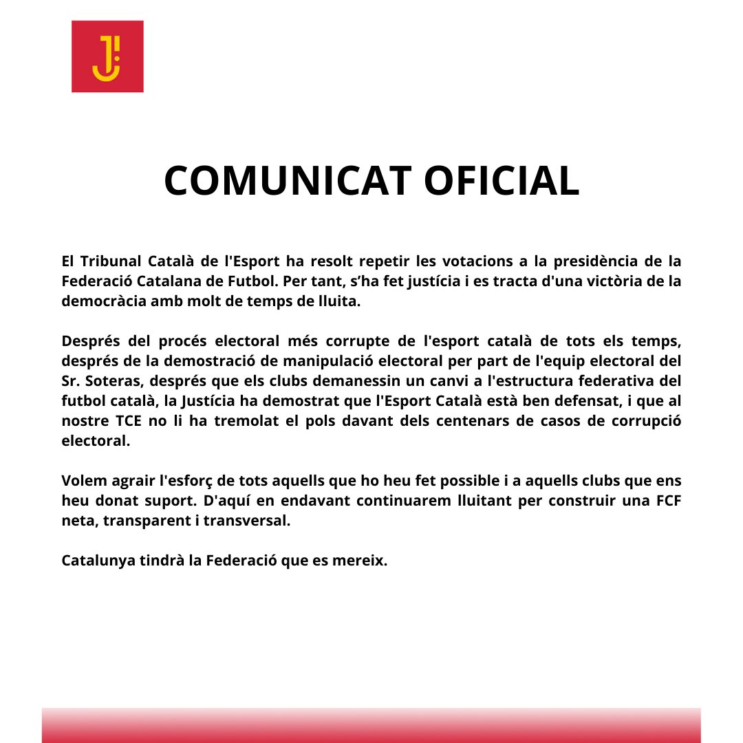 🔴 COMUNICAT OFICIAL 

➡️ El Tribunal Català de l'Esport ha resolt repetir les votacions a la presidència de la <a href="/FCF_CAT/">Federació Catalana de Futbol</a>. Per tant, s’ha fet justícia i es tracta d'una victòria de la democràcia. 

#futbolcat