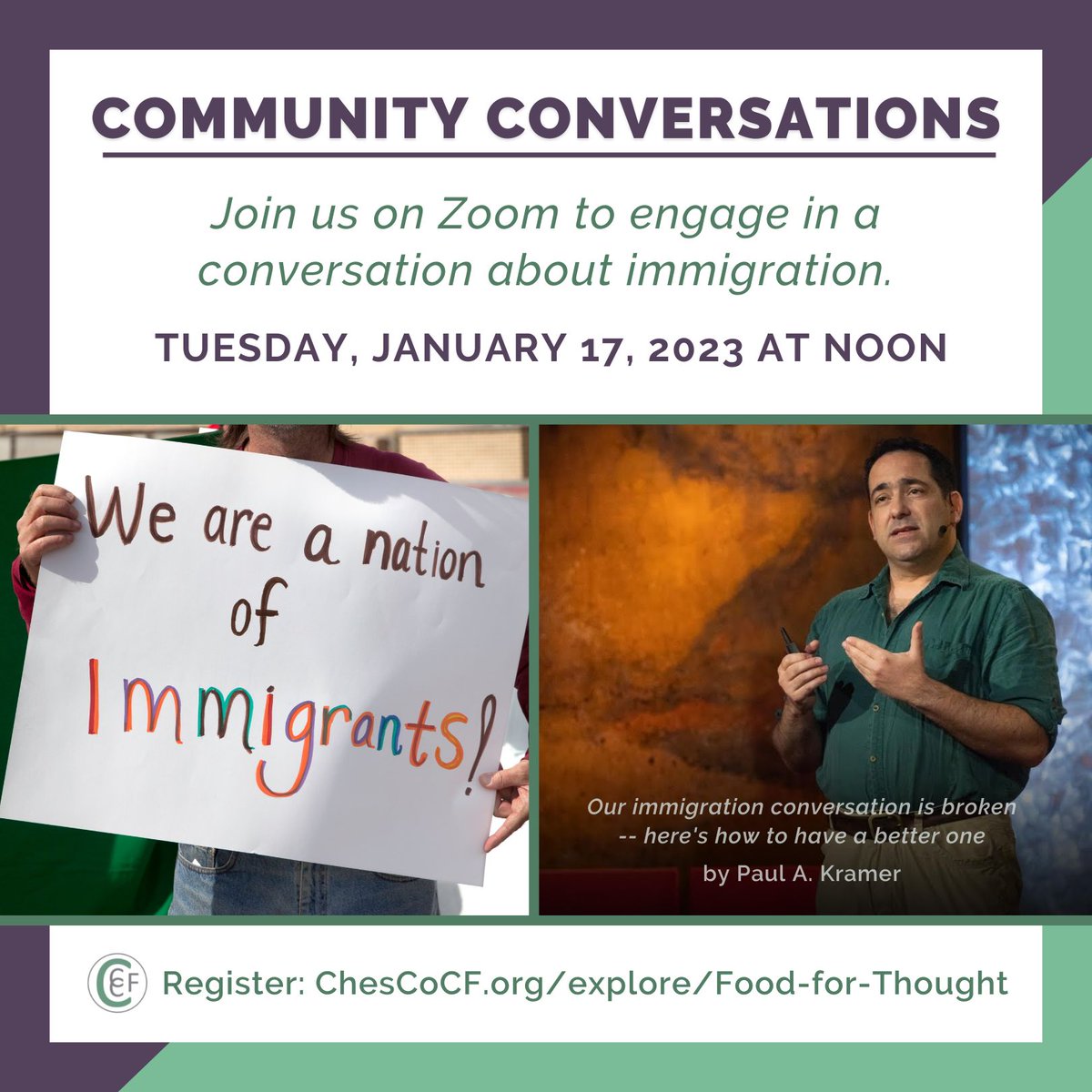 ChesCoCF's tweet image. Zoom in at noon on Tuesday, January 17 to engage in a community conversation about immigration. Help envision a more equitable future where all can flourish, now and forever. Register for free at chescocf.org/explore/food-f…. #chescocf #cccf