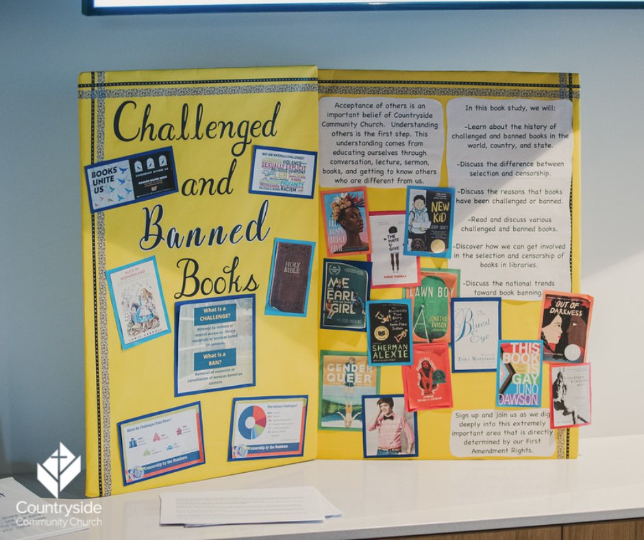 A new list of challenged and banned books for schools is announced each year. Countryside is holding a Banned Book Lovers Group on the third Monday of each month and a Banned Book Study Group on Tuesdays. Check our calendar for more info!
countrysideucc.org/calendar/