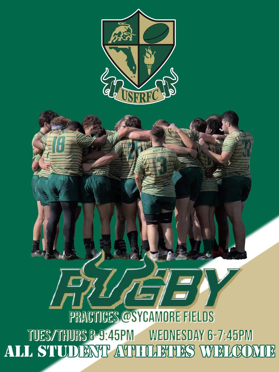 RugbyClubUSF's tweet photo. Practice starts Tuesday! All USF students welcome! See you there! Go Bulls! 🤘🏻 https://t.co/y7OJaol2f8