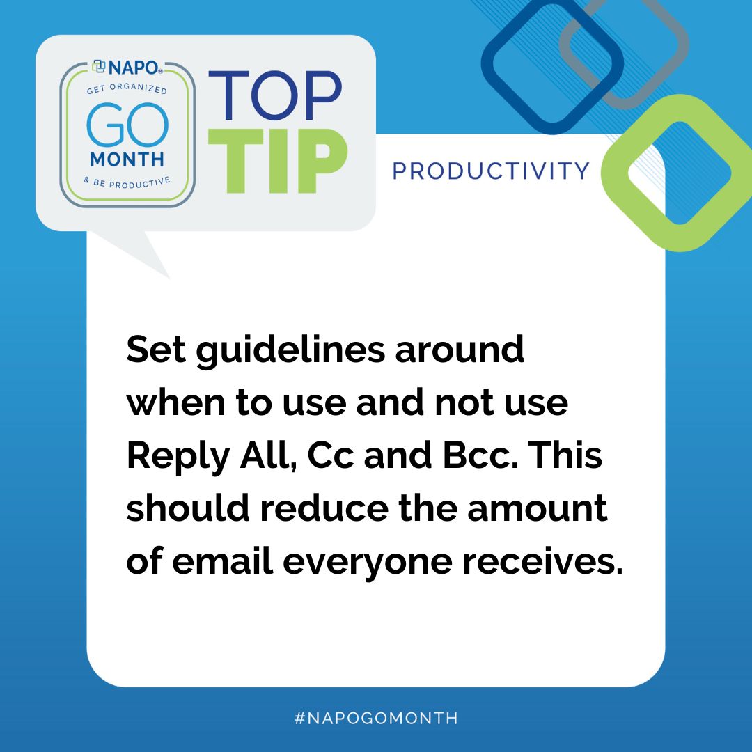 NAPOnatl's tweet photo. Continuing with this week's theme of Productivity during #GOMonth2023, today's Top Tip is all about email! Stay tuned for more Top Tips during #GOMonth!! #NAPO #GetOrganized https://t.co/gsX1ZEuDTU