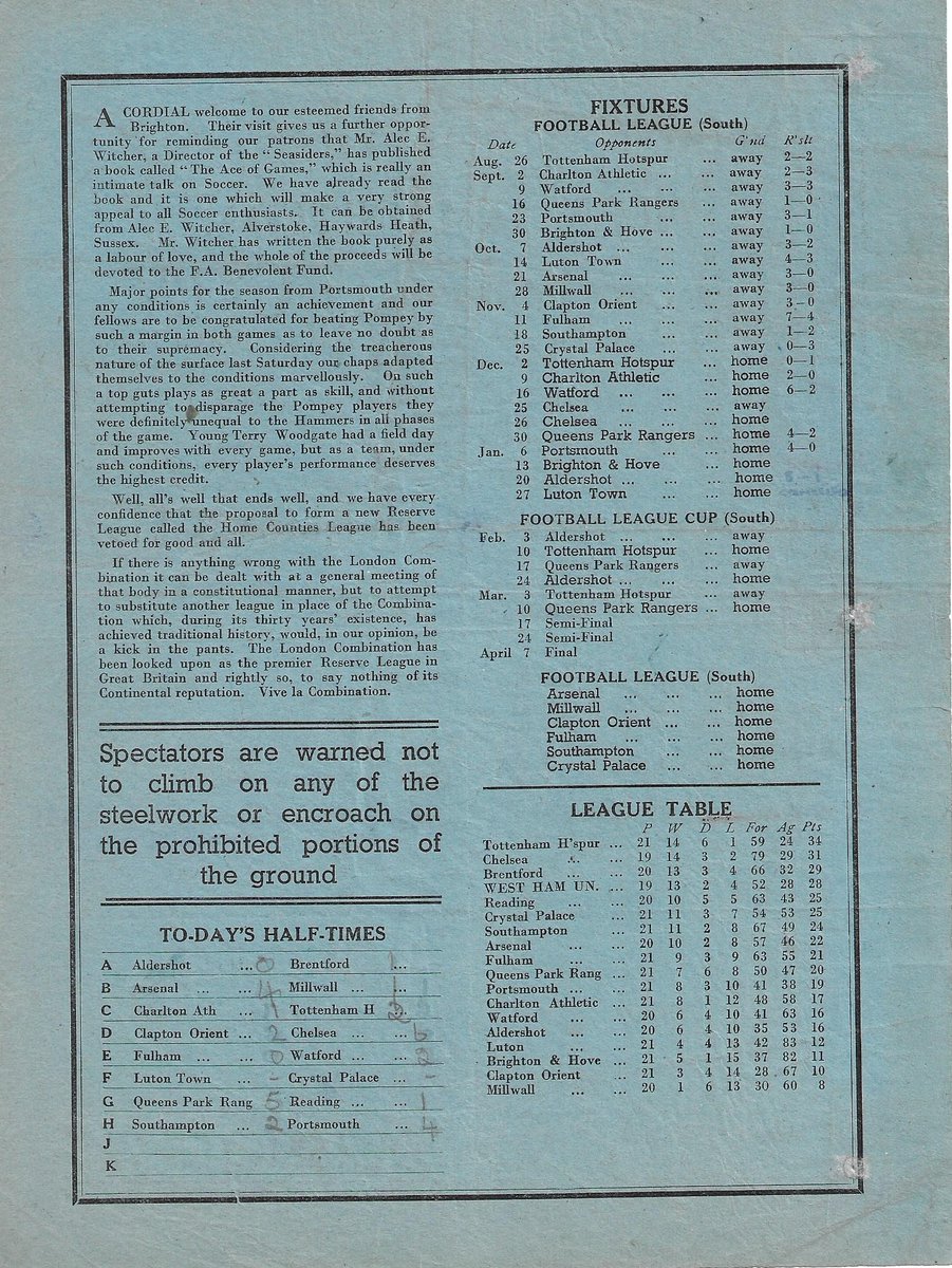 On this day 1945, #BHAFC's Wartime Football League (South) campaign continued with a trip to The BoleynGround to play #WHUFC. It was a thriller. 5,000  saw the Hammers win 5-4. Albion's scorers were Moore (2), Hodges and Stephens. Image from Steve at theyflysohigh.co.uk