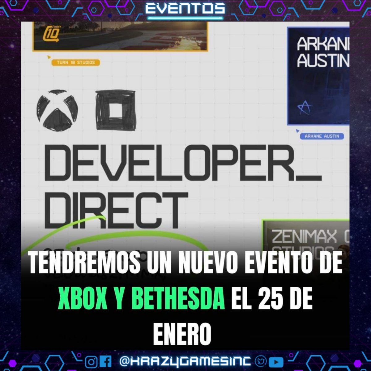 krazygamesinc's tweet photo. El 25 de enero tendremos el evento de Xbox Developer_Direct 3:00 PM hora de Colombia, con noticias y gameplay de los juegos más esperados.
Sigueme en krazygamesinc
#DeveloperDirect #XboxBethesda #Xbox #XboxColombia #Bethesda #BethesdaLatam #KrazyNews #KrazyGames #Krazyeventos https://t.co/hUao950XRB