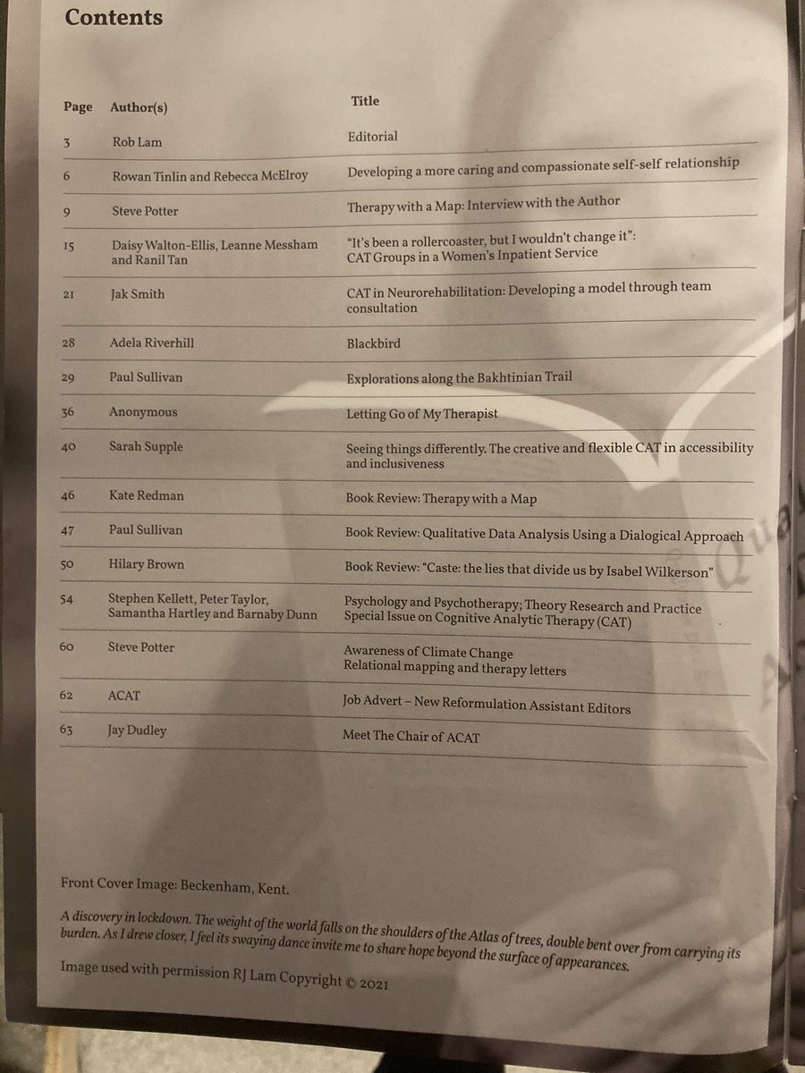 SmithJak1's tweet photo. ‘CAT in Neurorehabilitation: Developing a model through team consultation’ featured alongside many great articles in @Assoc_CAT Reformulation. A lovely surprise to see in print … #CATinneuro https://t.co/UwT68jISL4