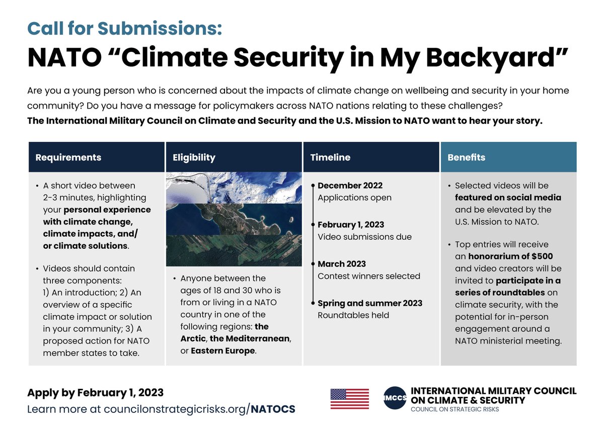 Council on Strategic Risks (@csrisks) on Twitter photo 📢 Calling all young leaders! Are you someone who cares about the impact of #climatechange in your community? <a href="/IMCCS_/">International Military Council on Climate Security</a> and <a href="/USNATO/">U.S. Mission to NATO</a> invite you to submit a short video of your personal climate security story.
Apply today ⬇️
councilonstrategicrisks.org/natocs/ 📢 Calling all young leaders! Are you someone who cares about the impact of #climatechange in your community? <a href="/IMCCS_/">International Military Council on Climate Security</a> and <a href="/USNATO/">U.S. Mission to NATO</a> invite you to submit a short video of your personal climate security story.
Apply today ⬇️
councilonstrategicrisks.org/natocs/