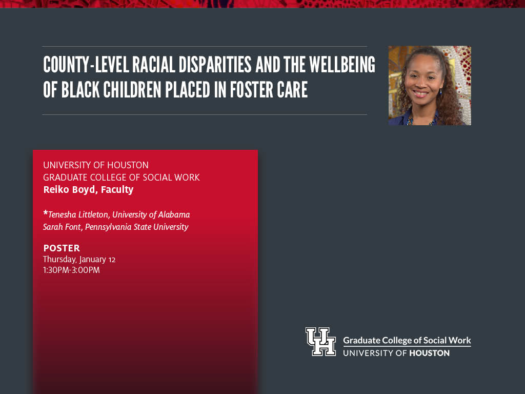 HAPPENING NOW at #SSWR2023: Reiko Boyd, Faculty, presenting research on County-Level #RacialDisparities and the Wellbeing of Black Children Placed in #FosterCare.