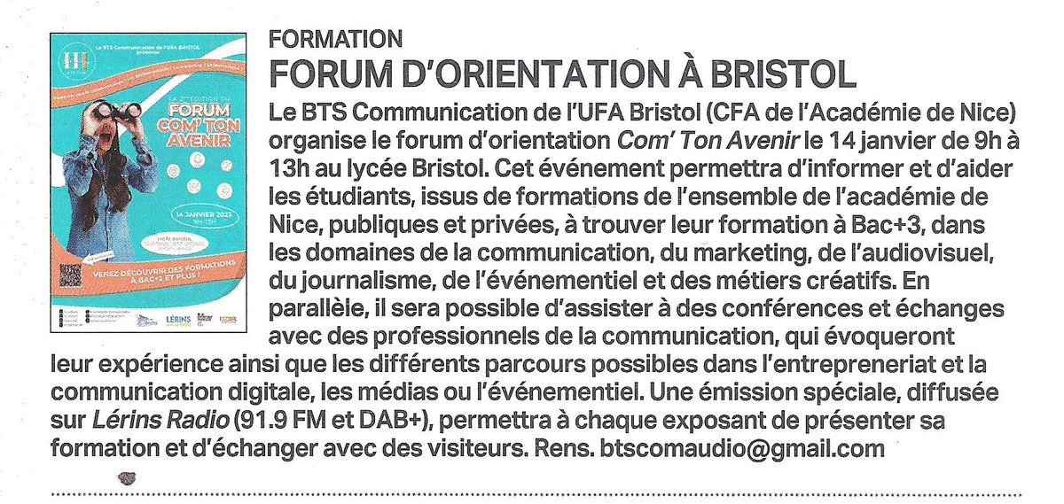 Bristol__TV's tweet photo. Merci à #CanneSoleil pour cette annonce du #forum #ComTonAvenir !
RDV samedi matin au @LyceeBristol !

#Cannes #orientation #Parcoursup #formation #alternance #apprentissage @Cannes_France @villecannes @CannesIsUp @RanCfa @lbrochet06 @CACPLOfficiel @ProCotedazur @lerinsradio https://t.co/RDRKd8O9ym