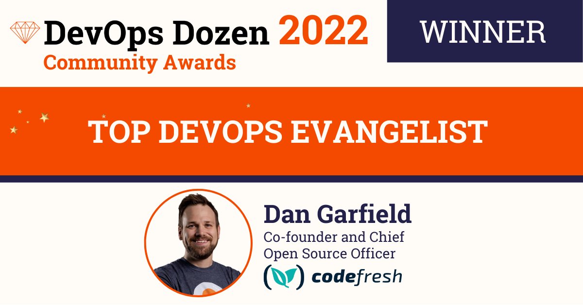 devopsdotcom's tweet image. This year’s #DevOpsDozen award for Top DevOps Evangelist goes to @codefresh’s Dan Garfield (@todaywasawesome).

🏆 See more winners: devopsdozen.com