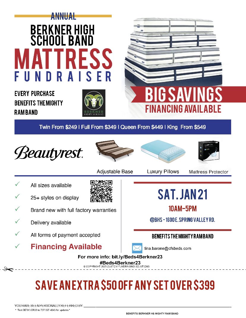Berkner HS Band (@berkner_band) on Twitter photo Did you know that 1 in 10 households will purchase a new mattress this year? If you know someone who needs a new mattress, please refer them to the Berkner Band Mattress Fundraiser! Saturday, January 21 from 10am to 5pm in the Berkner Band Hall! <a href="/bhsstem/">Berkner High School STEM Academy</a> Did you know that 1 in 10 households will purchase a new mattress this year? If you know someone who needs a new mattress, please refer them to the Berkner Band Mattress Fundraiser! Saturday, January 21 from 10am to 5pm in the Berkner Band Hall! <a href="/bhsstem/">Berkner High School STEM Academy</a>