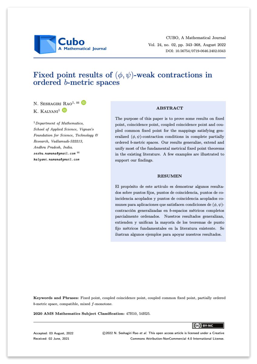 Cubo_Journal's tweet photo. 📄 “Fixed point results of (ϕ, ψ)-weak contractions in ordered b-metric spaces” by N. Seshagiri Rao and K. Kalyani. Read more here: https://t.co/tzvZKUSeFJ

DOI: https://t.co/ucvr9GRmZe

#paper #science #math #fixedpoint #mathscinet #scielo #wos #scopus #doaj https://t.co/xw2cztCsGa