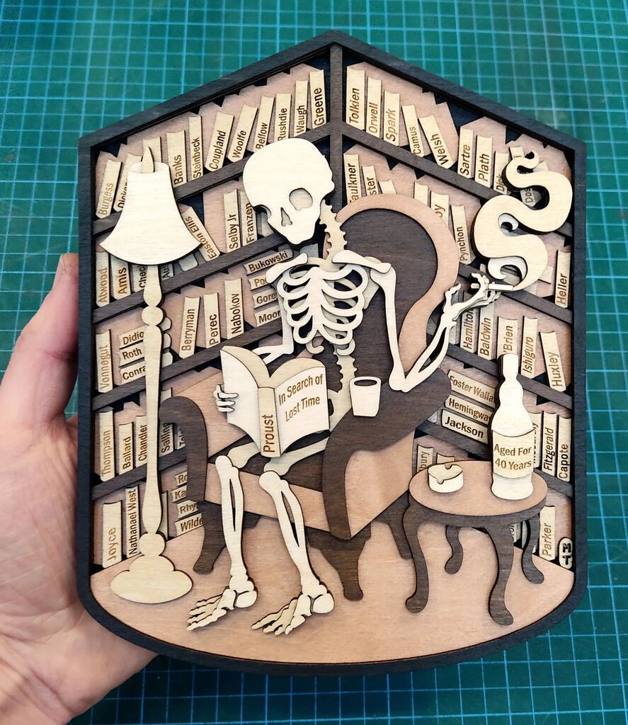 mtomsky's tweet photo. Skeleton with impressive library enjoys a Quiet Night In.
-
-
#art #craft #woodworking #skeleton #bones #skull #skelly #bookshelf #library #bookcollection https://t.co/tesmxHTQ2u https://t.co/mQd6KxBwF8