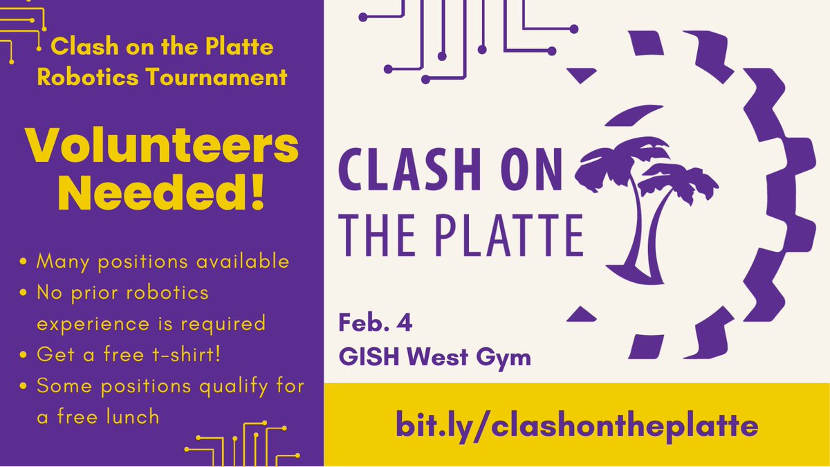 Now introducing the "Clash on the Platte" Robotics Tournament! Join us on Feb. 4th as we bring this cool opportunity to GI. We need many volunteers for all positions. No robotics experience is required! Register now at: bit.ly/clashontheplat…
<a href="/GIPublicSchools/">GIPS</a> <a href="/GishActivities/">WearPurple...BeGold</a>