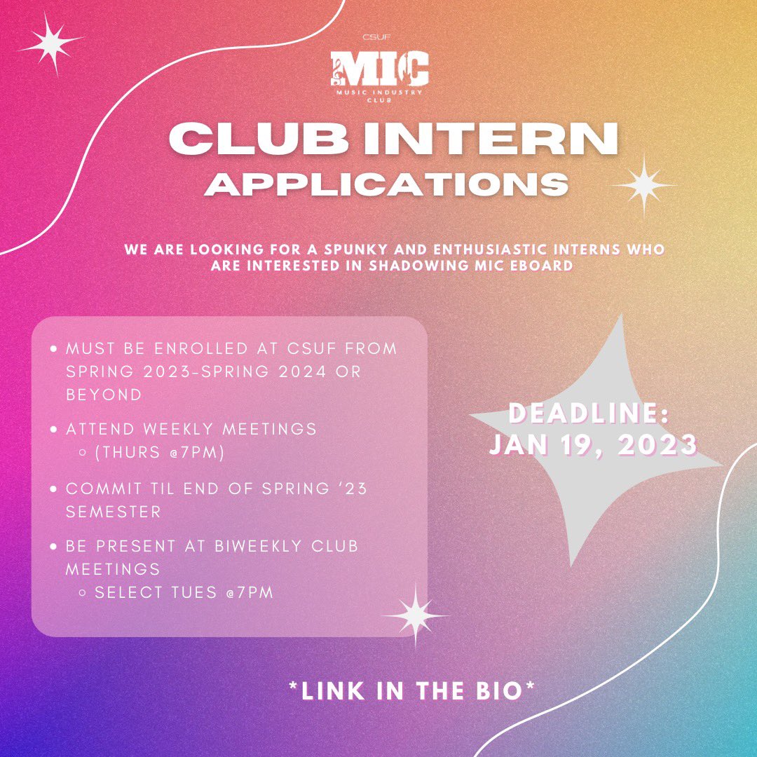 💜MIC Intern Application🧡

We are looking for 2 club interns this upcoming semester who is interested in shadowing the MIC Eboard. 🎼

The deadline to apply is January 19th! 🗓️

Link in the bio for more information! 📲

#csuf #csufmic #commcsuf #csufullerton #musicindustry