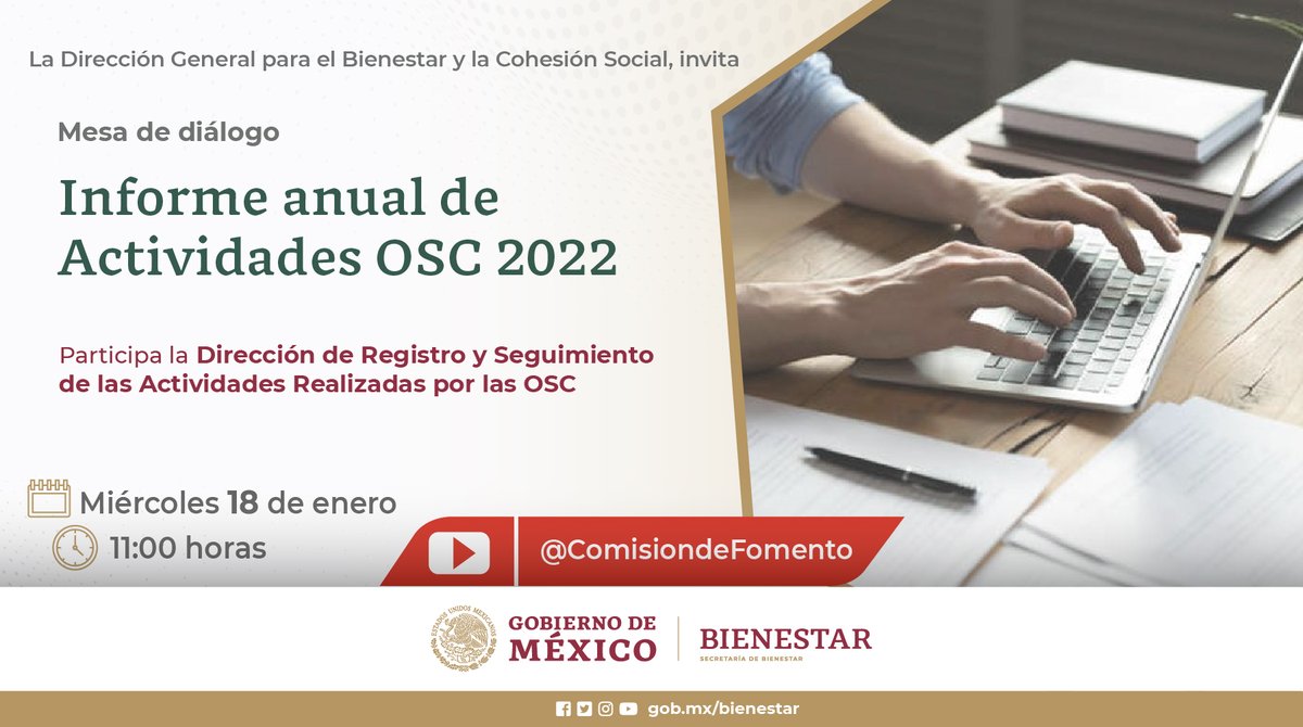 ComisionFomento's tweet photo. Te esperamos en la primer Mesa de Diálogo del 2023, coordinada por la #DGByCS de @bienestarmx Abordaremos el tema Informe Anual de las OSC.
🗓️18 de enero 20223
⏰11:00
Síguenos en vivo a través de #YouTube https://t.co/zi0wsfzByG