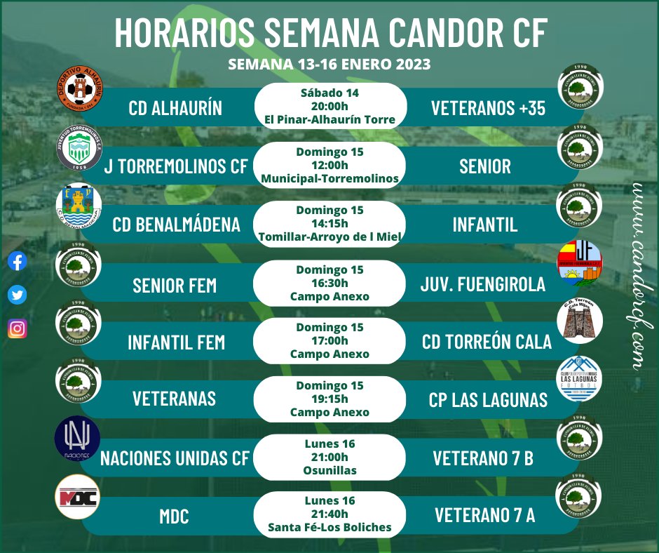 Candor_CF's tweet photo. 🟢 Horarios Candor CF 🟢
Os dejamos los horarios de los diferentes equipos del club para los días 13 a 16 de enero.
#CandorCF #MeQuedoContigo #creandoclub #HorariosCandorCF https://t.co/4IFVWokhSJ