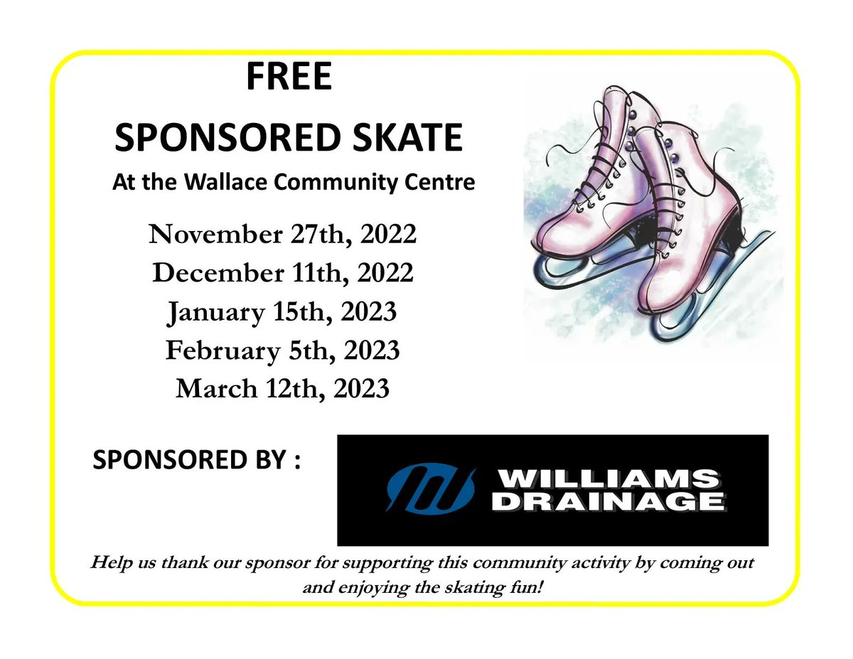 NorthPerth1's tweet photo. ⛸FREE sponsored skate this Sunday, January 15th at the Wallace Community Centre from 1:00-2:00pm.
Sponsored by: @WilliamsDrain84 https://t.co/ewUKatTA5o
