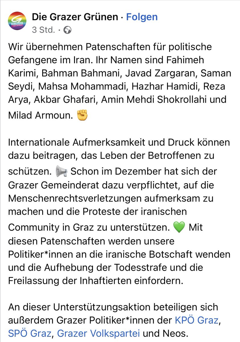 ShouraHashemi's tweet photo. Der Grazer Gemeinderat ist bei den Patenschaften auch mit dabei. Hier die Patinnen und Paten aus dem Grünen Klub! Herzlichen Dank an alle 🖤 #MiladArmoun #MahsaMohammadi #AkbarGhafari 

#IranRevolution #IRGCterrorists https://t.co/INCJnl5Yoa
