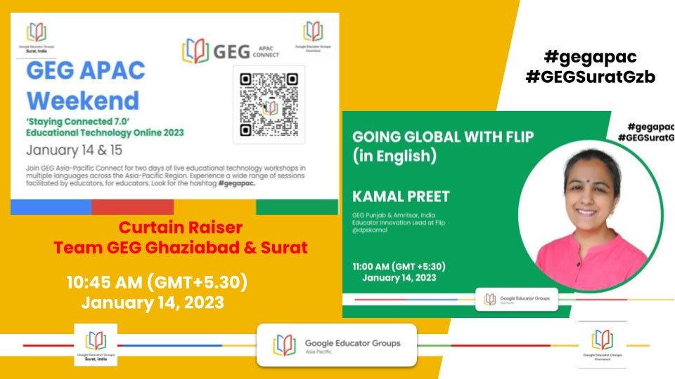 GEG_Ghaziabad's tweet photo. #GEGAPAC Educational Technology Online event 'Staying Connected 7.0'. #GEG_Ghaziabad #GEGSurat is ready to host the sessions in #English 
Dates : January 14,15  2023
 Playlist - https://t.co/sWdnmOkNpH https://t.co/b2YrAqAAE5