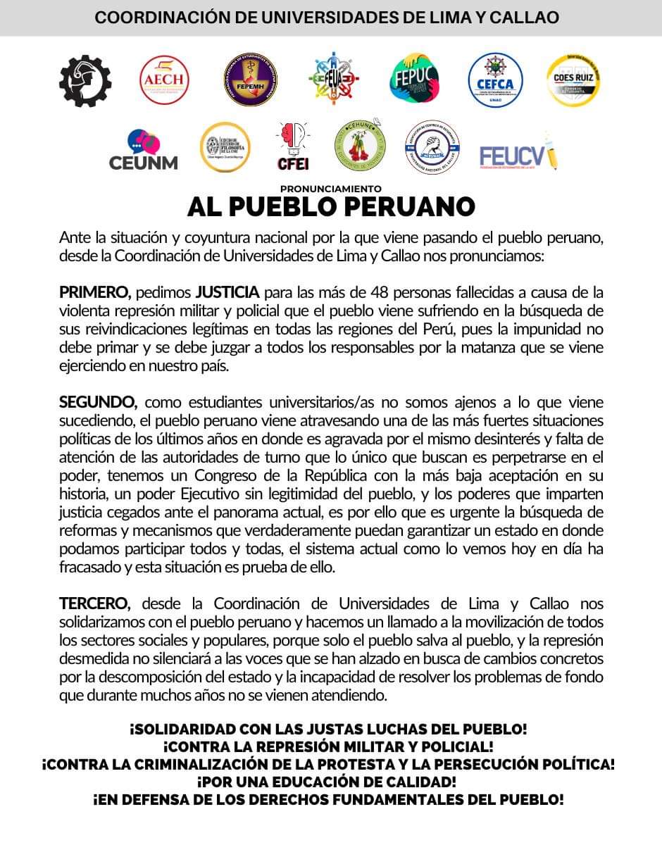 #ATENCIÓN I PRONUNCIAMIENTO

Ante la situación y coyuntura nacional por la que viene pasando el pueblo peruano, desde la Coordinación de Universidades de Lima y Callao nos pronunciamos.

¡Solidaridad con las justas luchas del pueblo!
¡Contra la represión militar y policial!