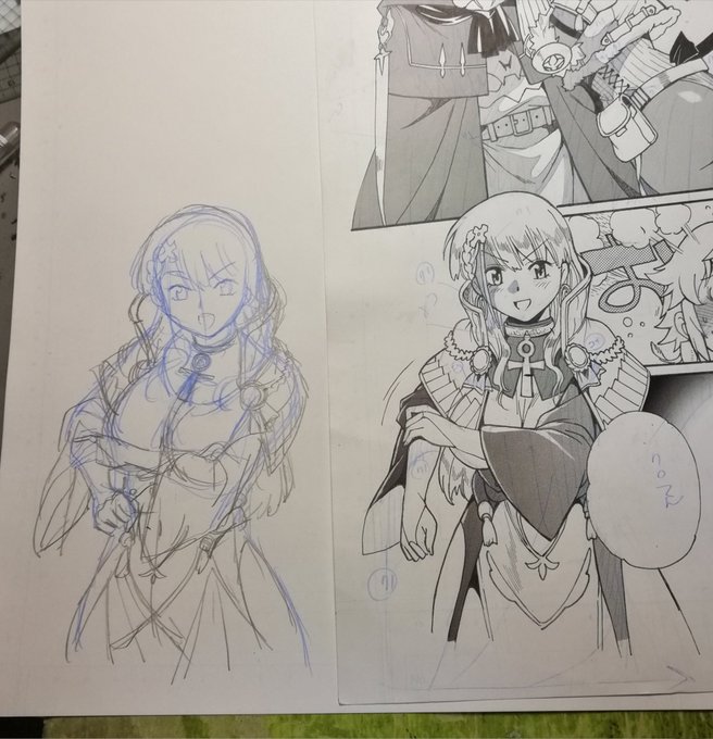 ページ末の腕捲りリリィ。小手先の修正で済まそうかと思ったけど、一から描き直した方が良いと判断。そーいうコマ多そう😫 