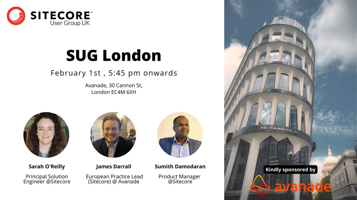 London is a go. Come join us for a great line up for the 1st Feb. Connect, CDP, Content Hub all on the agenda. Kindly sponsored (and hosted) by <a href="/Avanade/">Avanade</a> 
Sign up now - scug.co.uk/events/2023/02…
(PS apols for the re-scheduling of the initial date)
#SUGUK #SUG #Sitecore
