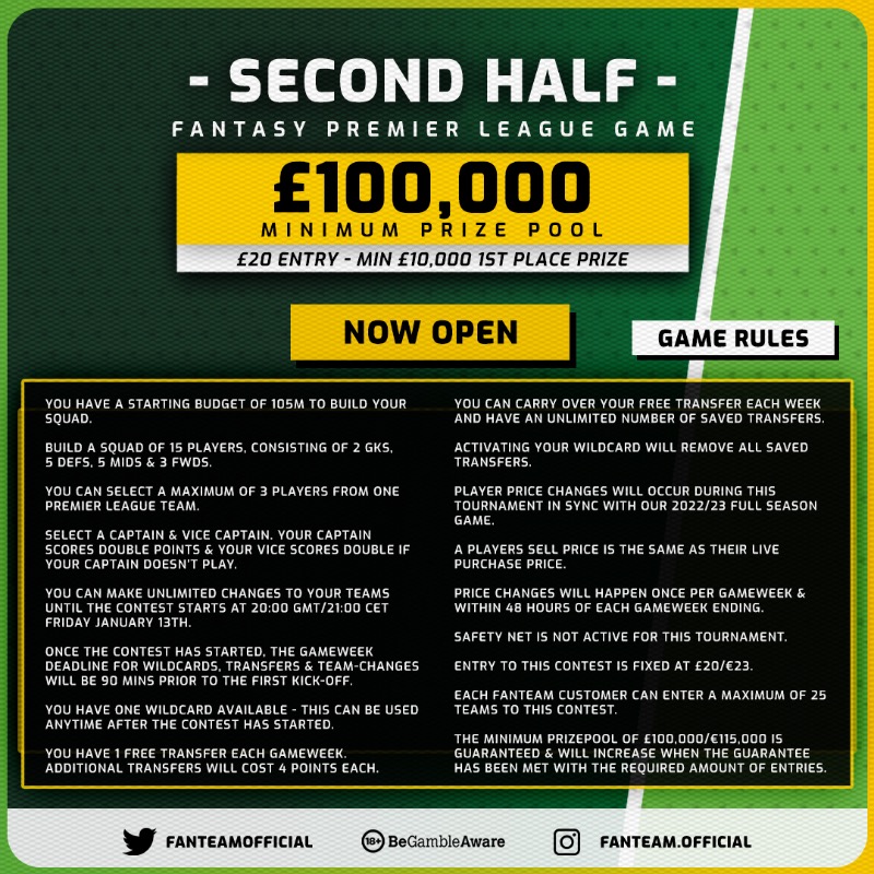FanTeamOfficial's tweet photo. 🎟 TWITTER COMPETITION 🎟

Fancying winning 1️⃣ of 2️⃣5️⃣ £20 tickets to our £100,000 Second Half #FPL season game?

Of course you do!

𝗧𝗢 𝗘𝗡𝗧𝗘𝗥

1⃣ GUESS which team 𝗦𝗖𝗢𝗥𝗘𝗦 𝗙𝗜𝗥𝗦𝗧 in tonight’s Fulham vs. Chelsea Premier League game.

2⃣ RT &amp; FOLLOW @FanTeamOfficial