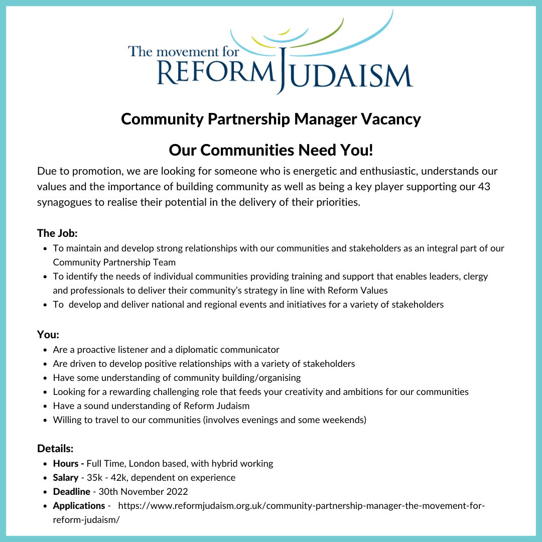 ReformMovement's tweet photo. We are recruiting!

Due to promotion, we are looking for someone who is energetic and enthusiastic, understands our values and the importance of building community.

https://t.co/nUuVy6nuy9

#jobvacancy https://t.co/nhKDCb0SHj