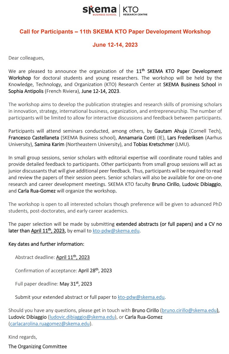 11th SKEMA KTO Paper Development Workshop for doctoral students and young researchers. The workshop will be held by the
Knowledge, Technology, and Organization (KTO) Research Center at SKEMA Business School in Sophia Antipolis (French Riviera), June 12-14, 2023.