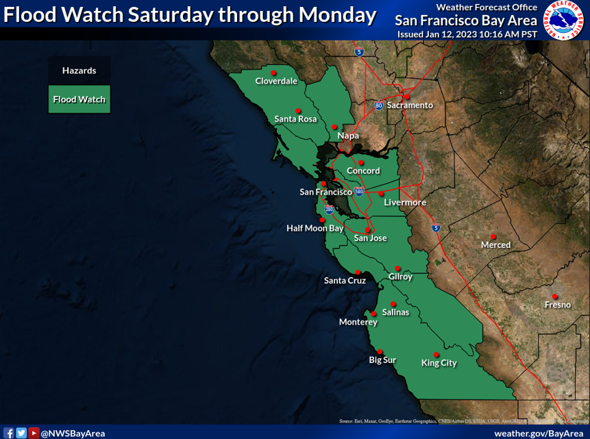 NWSBayArea's tweet photo. Flood Watch has been issued Saturday morning through Monday afternoon as at least three more storms will impact the region in the coming days.  Today is the dry day.  Light rain Friday,  moderate to heavy rain with Saturday-Monday systems. https://t.co/4LbOqW3ihS