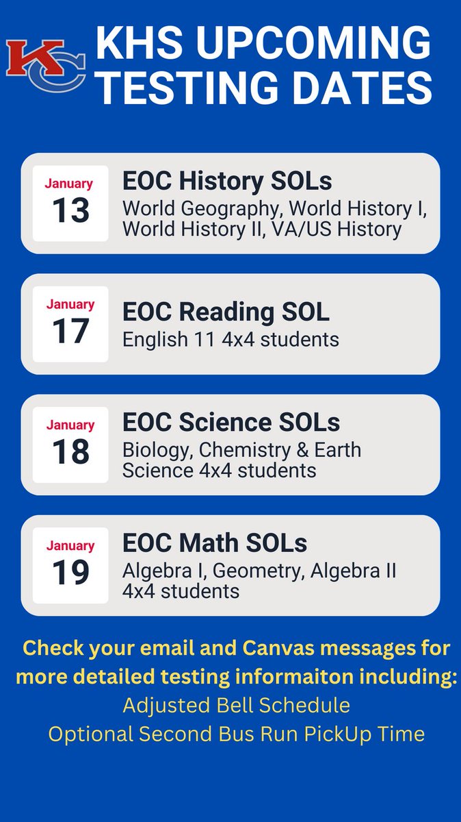 ChelseaKimbrou2's tweet photo. @KHS_Chiefs SOL testing starts tomorrow! Check your email and Canvas messages for more detailed information. @KempsAcademy #chiefkhspride https://t.co/PwAzVABfq1