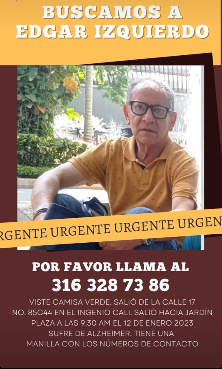 Sibun_freak's tweet photo. Es el papá de una amiga, por favor difundir si lo ven por los lados de jardín plaza o ciudad jardín en Cali. Pls RT.

#Cali #Ayuda https://t.co/Qf4zXTHYHM