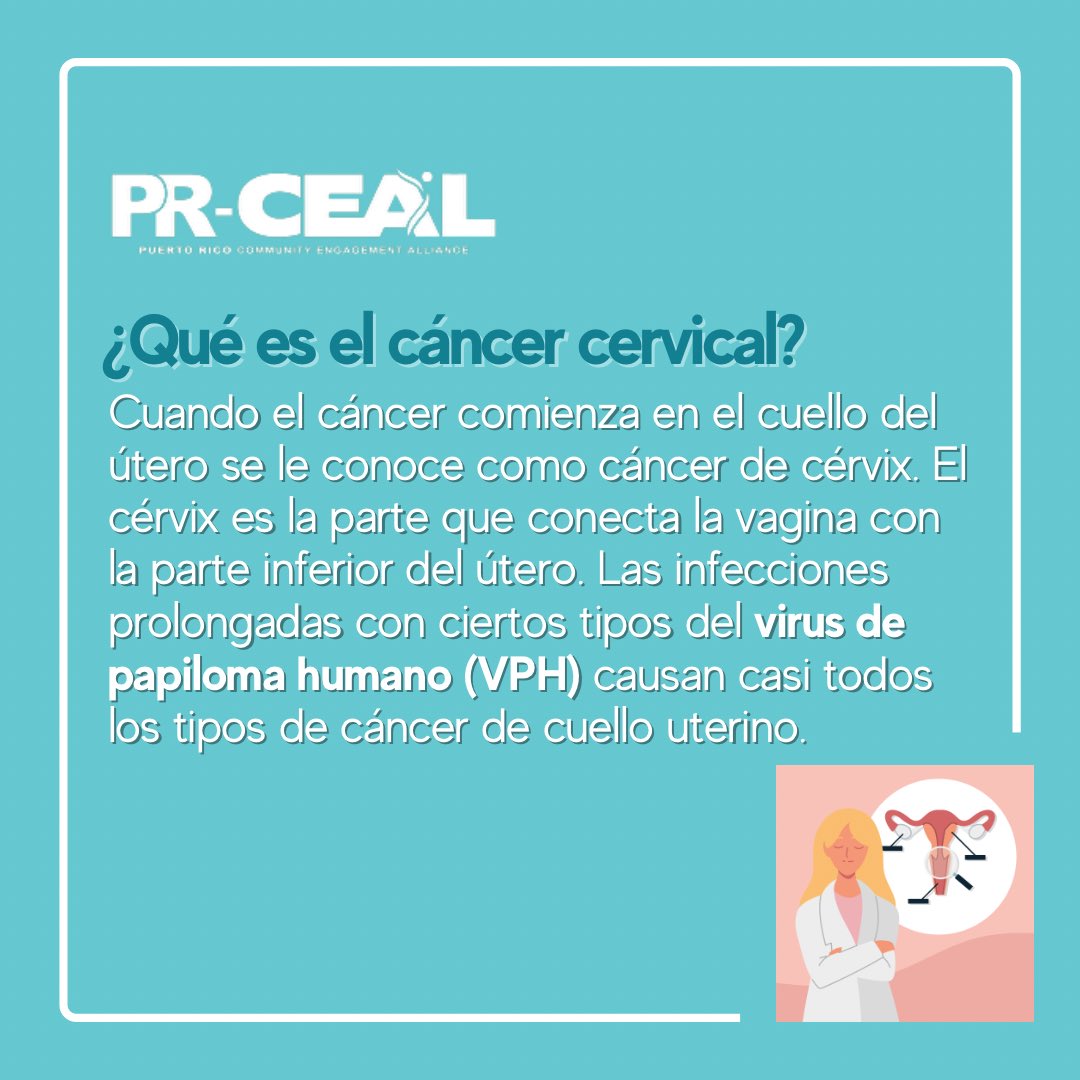 prceal's tweet image. Mes de concientización 
sobre el cáncer cervical 💗

El cáncer cervical continúa siendo uno de los más comunes en Puerto Rico.

¿Qué es el cáncer cervical? ¿Cuáles son sus síntomas? ¿Cuáles son sus factores de riesgo? ¿Cómo se previene? ⬇️
(1)