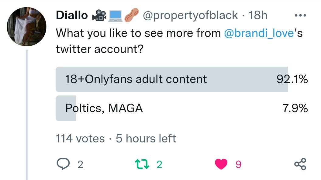 propertyofblack's tweet photo. @PhiIAngus8 @brandi_love Over 90% of her fans dislike her Speaking poltics. 😂😂 https://t.co/xMGIL6pplW