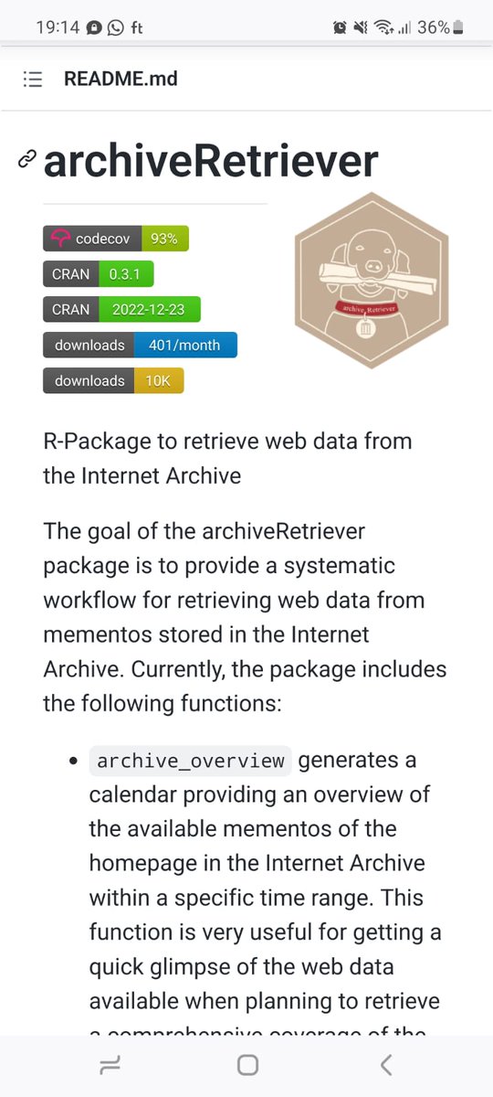 The archiveRetriever package hit the 10k downloads milestone today! Extremely happy and grateful that the work of @LukasIser and me is appreciated by the community of people working with data from the <a href="/internetarchive/">Internet Archive</a>