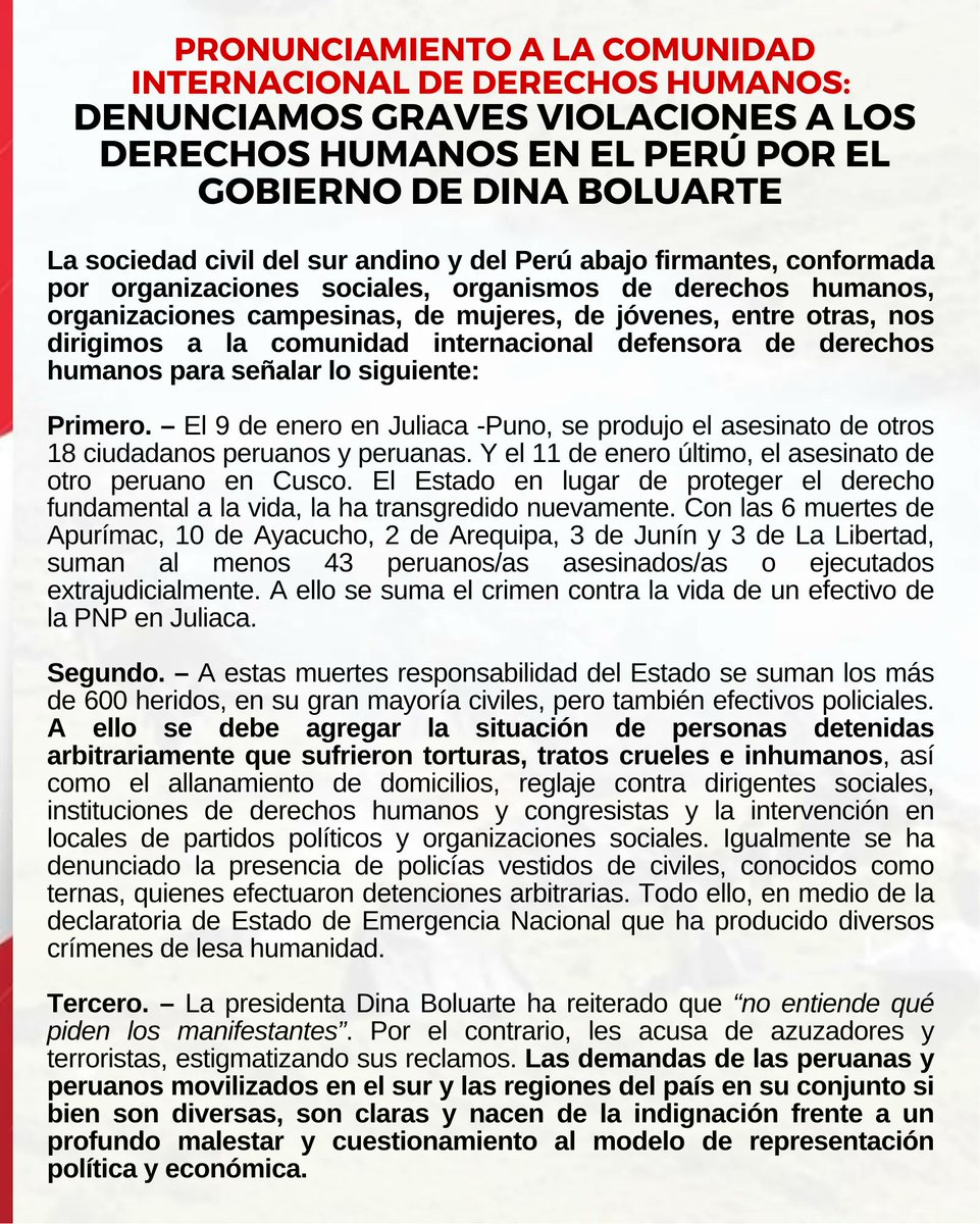 RedMuqui's tweet photo. 🇵🇪 Organismos de la sociedad civil solicitamos el PRONUNCIAMIENTO de la comunidad internacional de DDHH en este contexto de vulneración de ddhh y crímenes de lesa humanidad. Les instamos a solicitar una comisión de investigación que esclarezca los asesinatos de las 43 personas. https://t.co/x3Q01ufnOO
