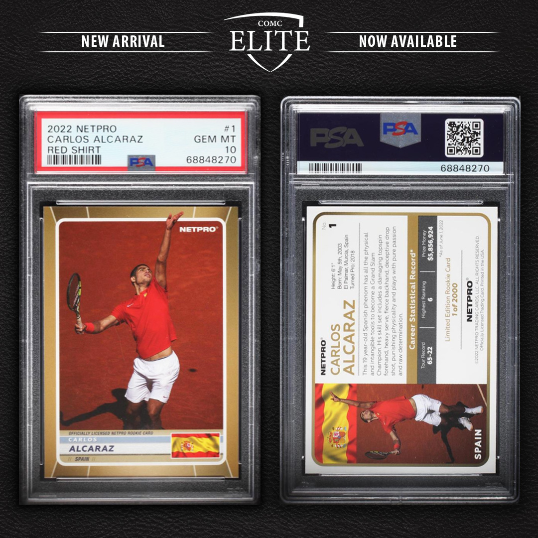 CheckOutMyCards's tweet image. Check out this recently added 2022 NetPro Carlos Alcaraz Online Exclusive of Carlos Alcaraz (Red Shirt) limited to 2000 &amp;amp; graded PSA 10! 👀🎾🇪🇸  

Find this COMC Elite card on the COMC Marketplace! bit.ly/3Zwbe22

#comc #carlosalcaraz #netpro #psa #whodoyoucollect
