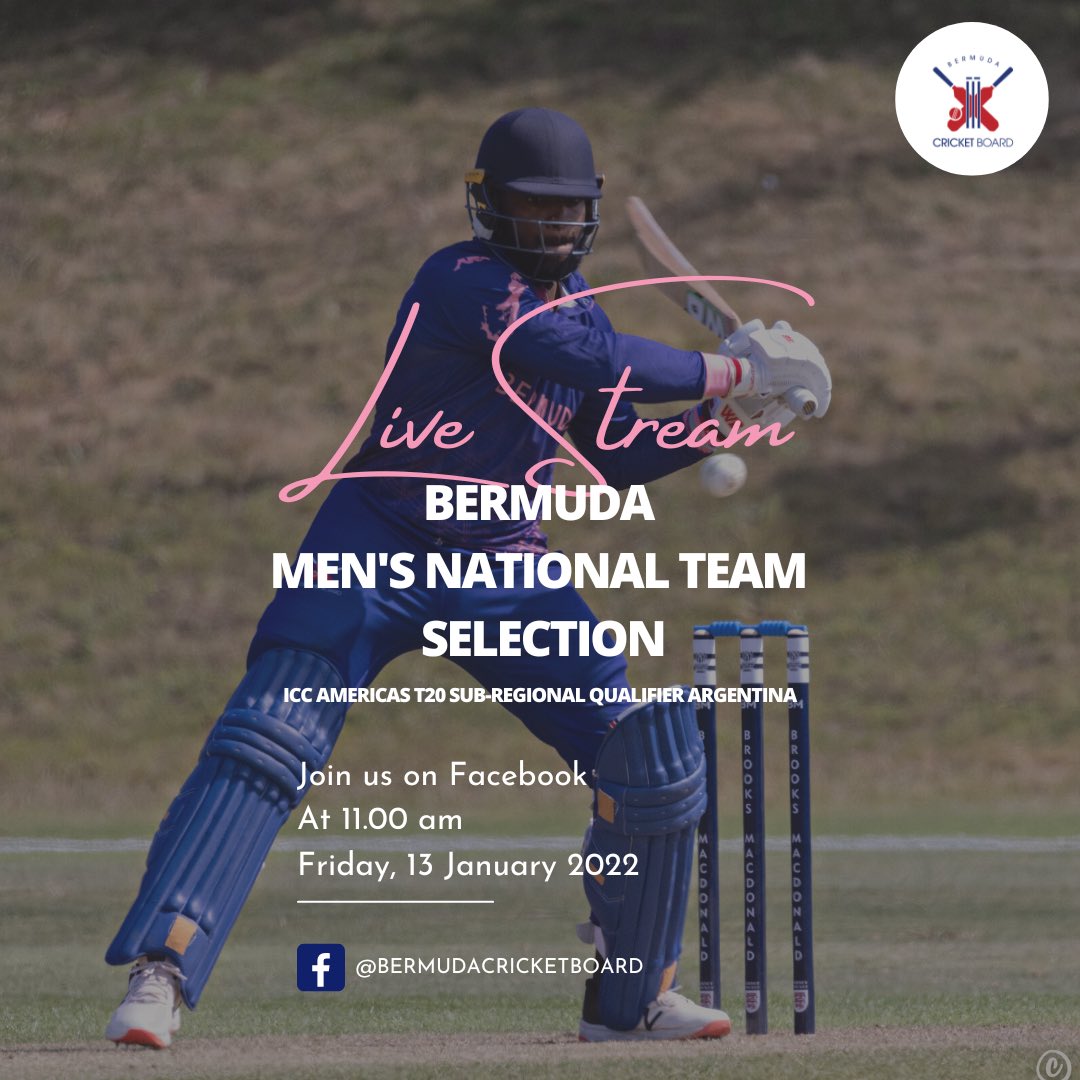 Join us tomorrow!🏏

& quote this with the names of the players you think are on the 14-man team!

We also may have something special for the person who can make the closest guess👀

#BermudaCricketBoard #Bermuda #ICCT20 #ICCAmericas
