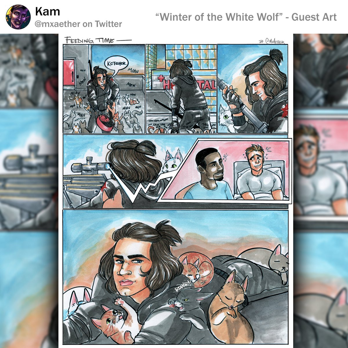 KLeCrone's tweet photo. I'm thrilled to share a comic by @mxaether 
featuring a flashback of Barnes and some feisty felines doing their best to keep him company while he was very much trying to ensure Steve (and Sam’s) continued safety. ;) (1/3) https://t.co/wKok74SCgK