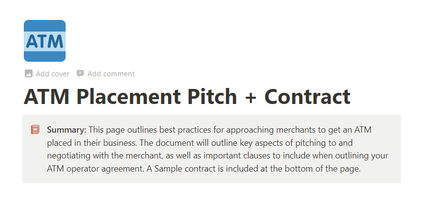 mitchell_sorkin's tweet photo. Want to land your first ATM location?

I just put together a module in Notion that lays out:

- What to look for
- How to pitch
- A sample contract 

Just:

- Retweet this
- Follow me
- Reply "send"

Let's go! https://t.co/SPKHmziQhl