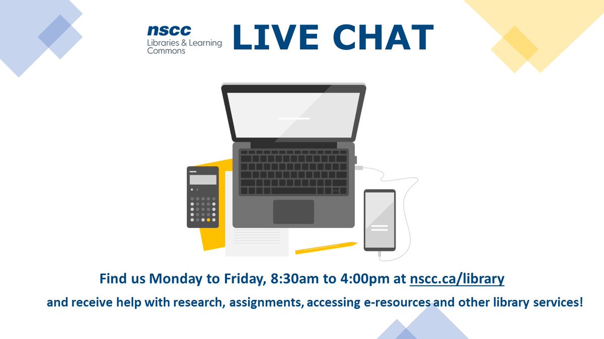 NSCC Library Staff are ready to help you with papers, assignments, accessing e-resources… and more! We are available from 8:30am to 4:00pm Monday to Friday at nscc.ca/library/