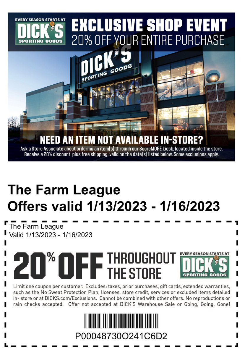 The Farm League on Twitter "20 OFF DICKS SPORTING GOODS WEEKEND 1/13