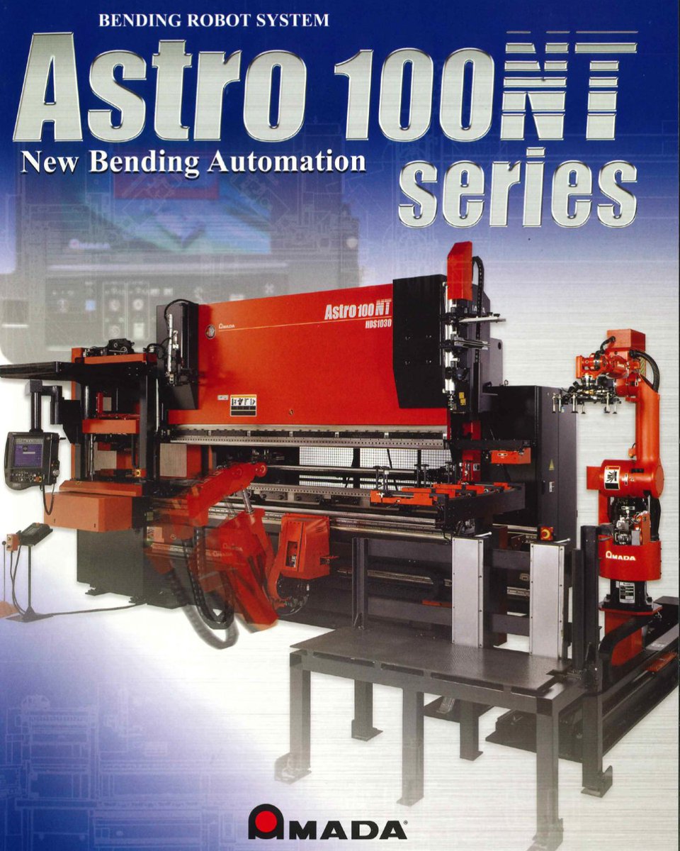 AmadaAmericaInc's tweet image. In 2001, AMADA introduced the ASTRO 100NT #roboticbendingsystem for precise, high-speed unmanned bending operations. This bending solution was equipped with various automated features such as an Automatic Tool Changer, Gripper Changer, Hand Changer, and a two-cart loading system.
